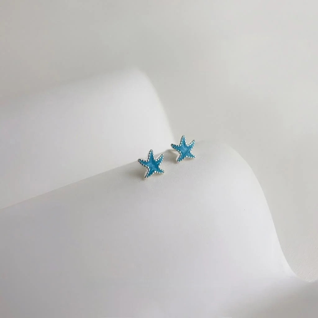 Mini Blue Starfish Copper Stud Earrings Cute Sweet Minimalist Commuter Jewelry For Women