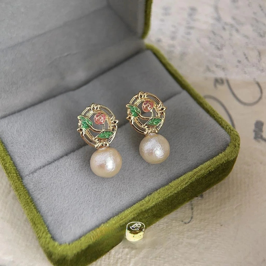Hand Painted Floral Enamel Copper Drop Earrings With Cotton Pearls For Women