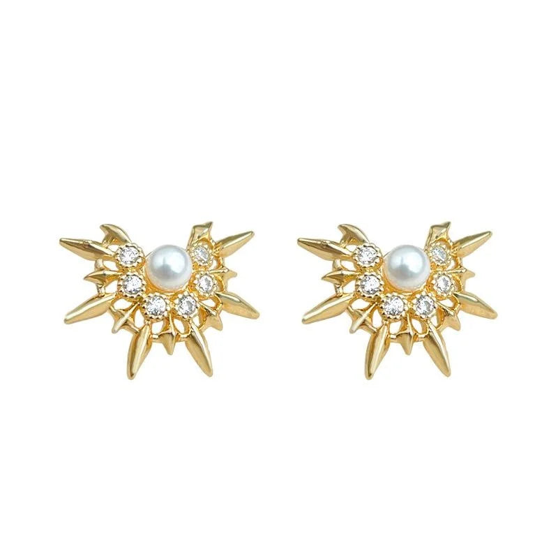 Designer Micro Pave Zircon Sun Star Stud Earrings 14K Plated Copper Luxury Style