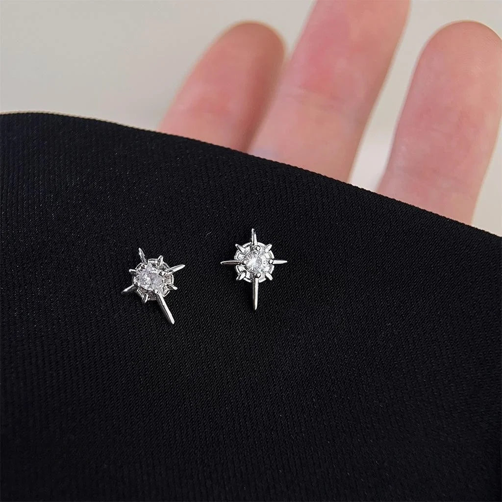 Mini Micro Pave Zircon Starburst Copper Stud Earrings, Versatile Style