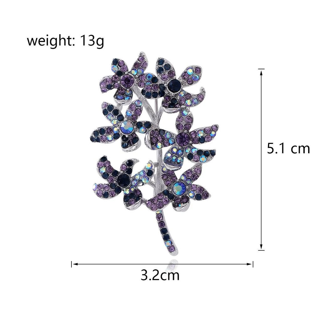Elegant Rhinestone Six Flower Branch Brooch With Green Zircon Centers, Fresh Floral Lapel Pin Suit Accessory