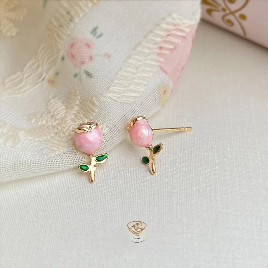 Pink Enamel Tulip Rose Flower Copper Stud Earrings Fresh Elegant Floral Jewelry