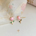 Pink Enamel Tulip Rose Flower Copper Stud Earrings Fresh Elegant Floral Jewelry