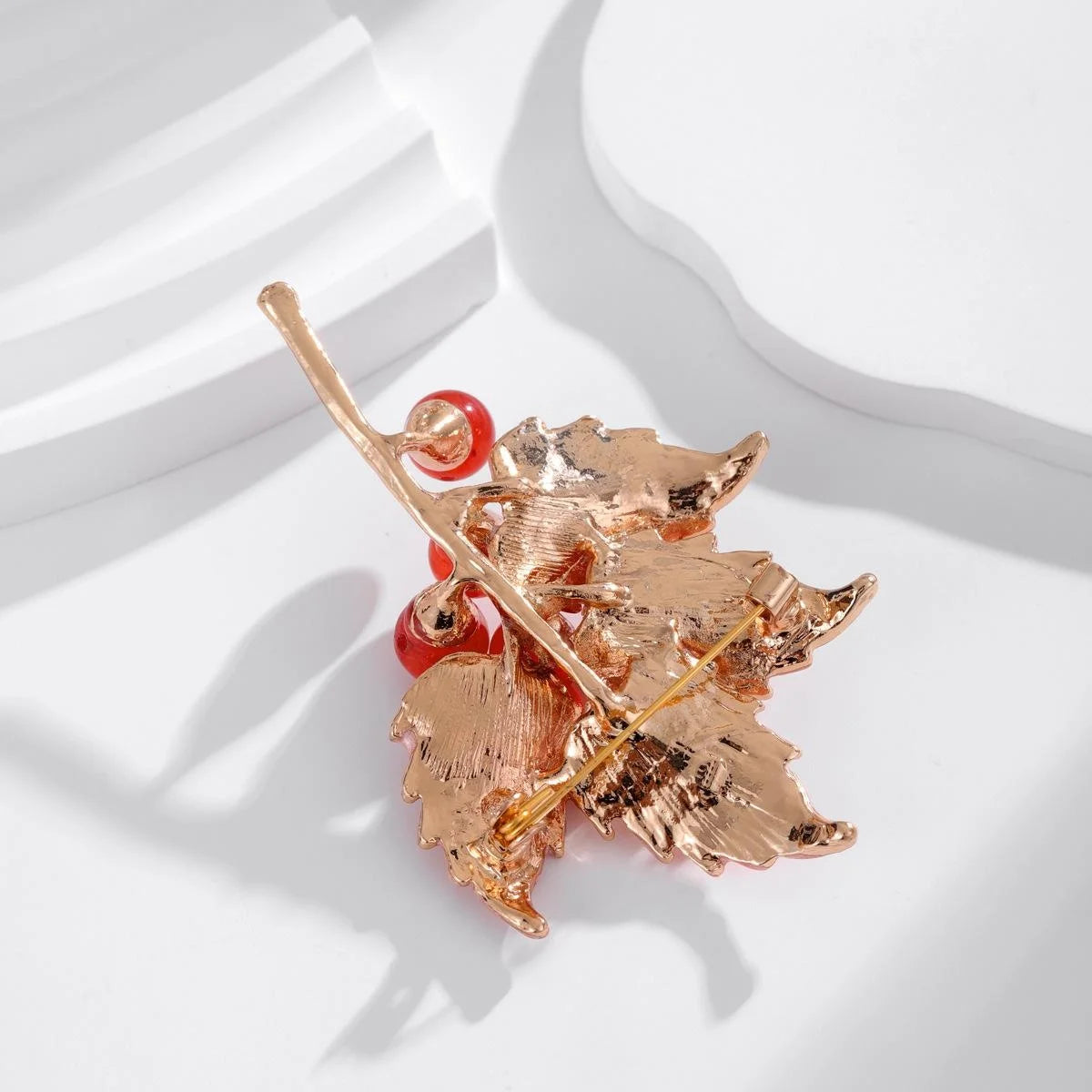 Vintage Alloy Maple Leaf Brooch With Red Berries, Elegant Autumn Leaf Lapel Pin Suit Accessory Gift