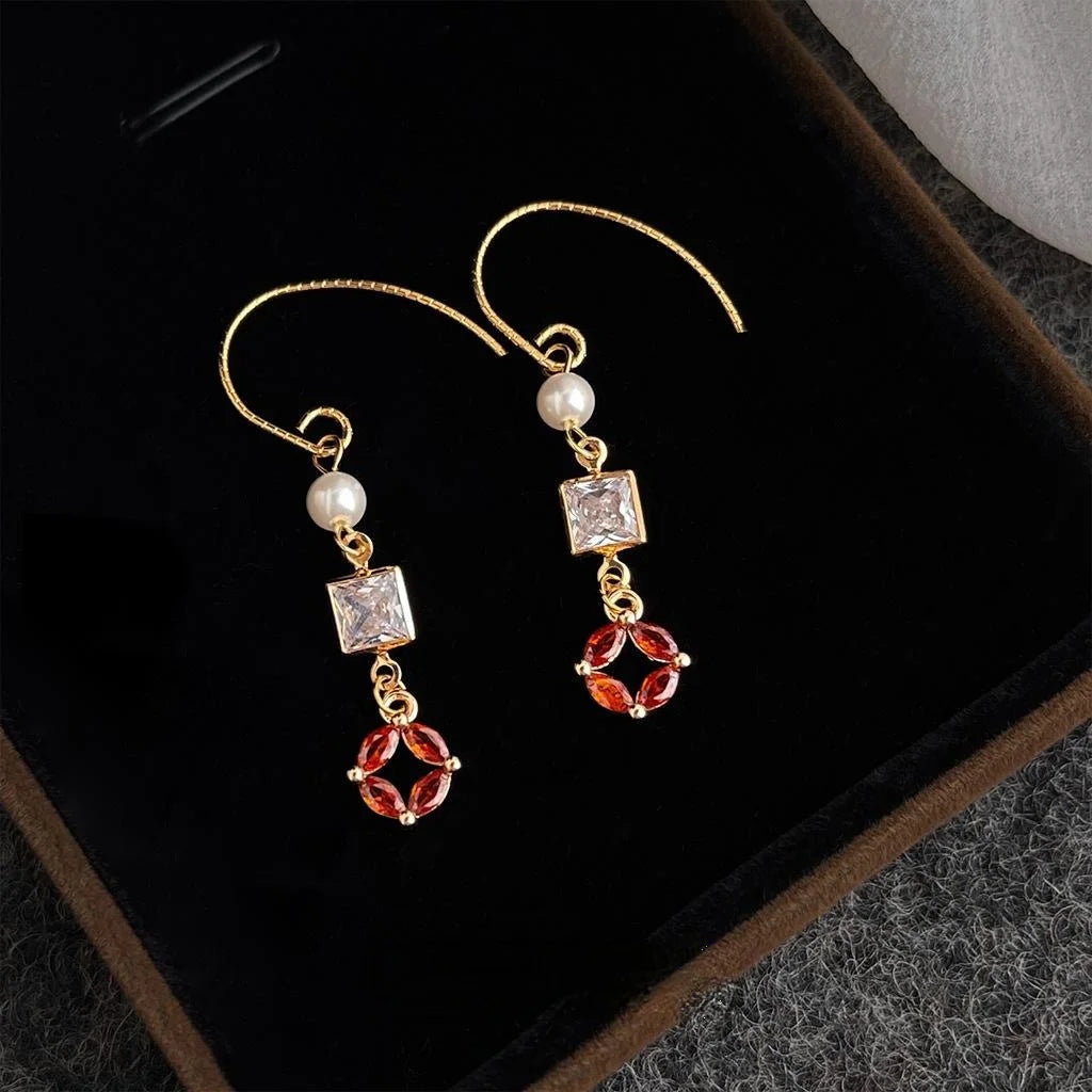 New Chinese Style Geometric Zircon Pearl Copper Long Drop Earrings for Women Supply
