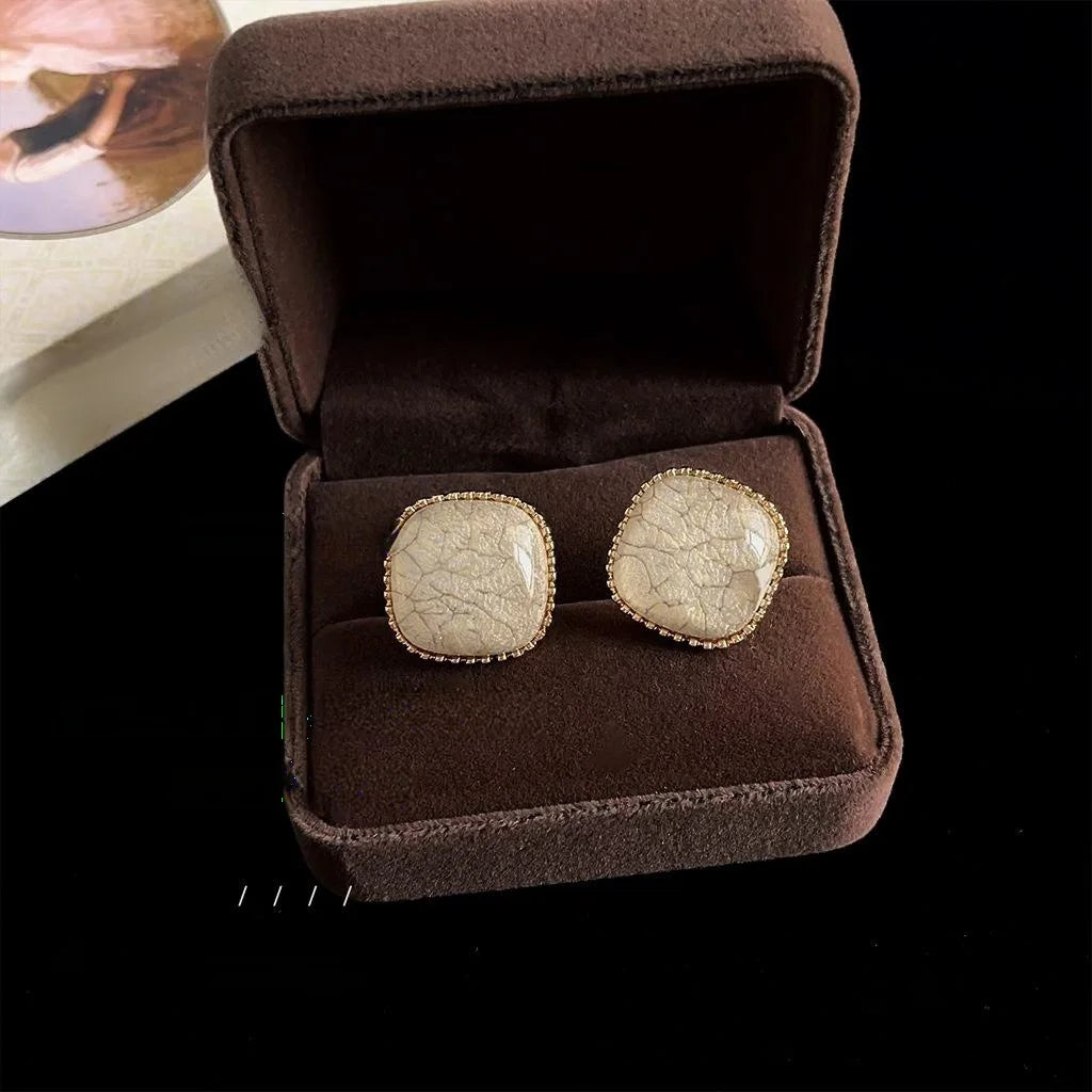 French Vintage 14K Gold Plated Alloy Square Geometric Stud Earrings