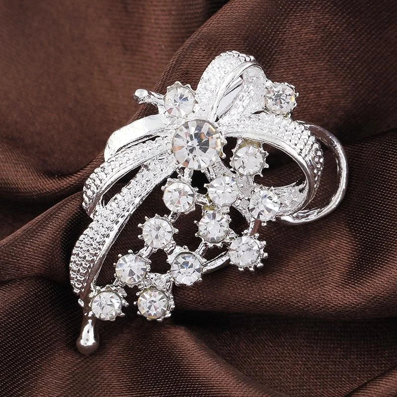 Elegant Silver Plated Rhinestone Bow Brooch, Sweet Butterfly Knot Lapel Pin Scarf Buckle Suit Accessory