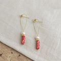 Designer Ethnic Geometric Line Drop Earrings With Natural Freshwater Pearls And Synthetic Red Turquoise