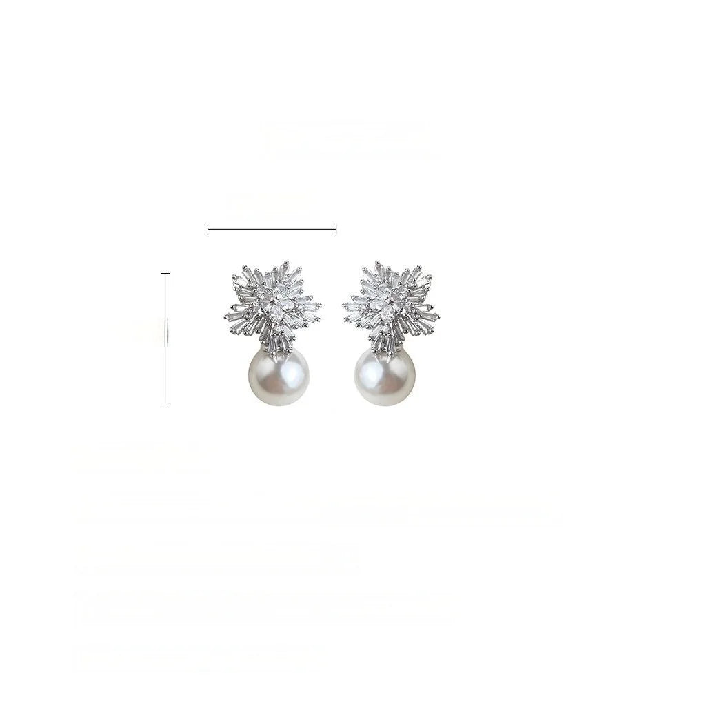 Luxury Geometric Snowflake Pearl Drop Earrings Full Zircon Eco-Friendly Copper Jewelry