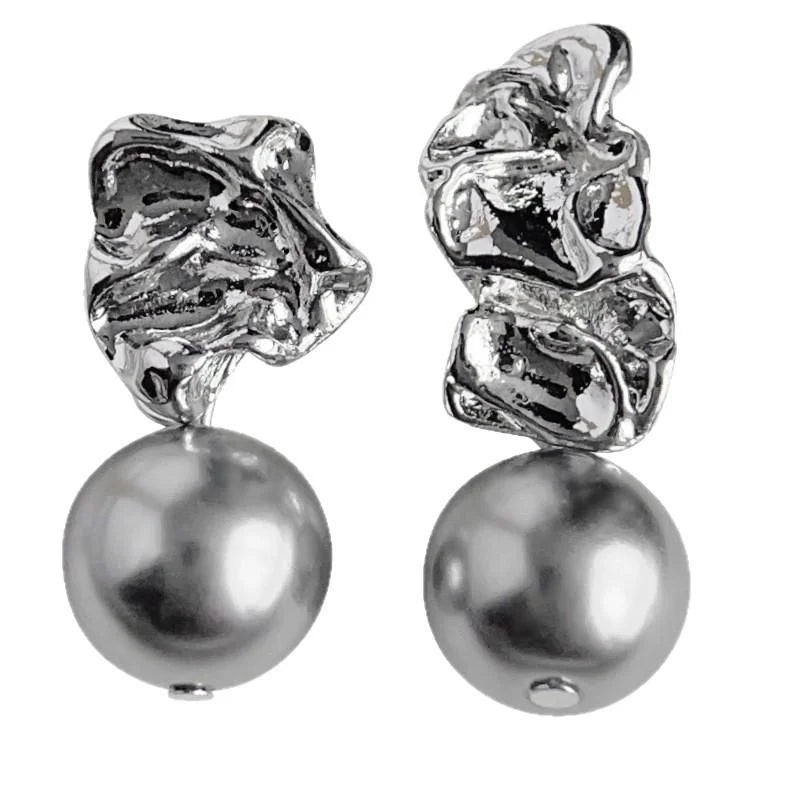 Asymmetric Gray Glass Pearl Drop Earrings Copper Geometric Luxury Style