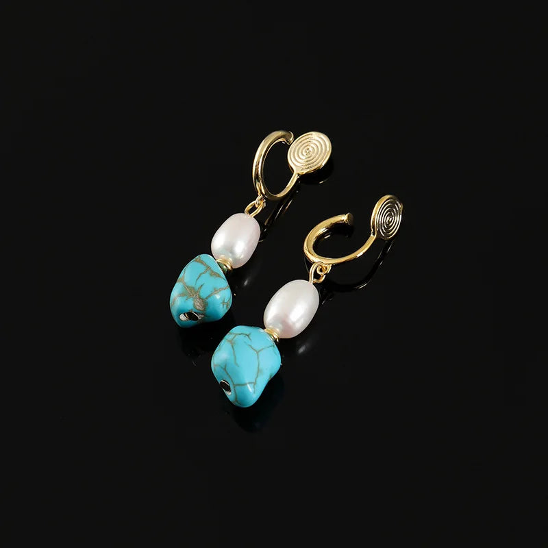 Elegant Irregular Turquoise Stone Freshwater Pearl Spiral Stud & Clip On No Piercing Drop Earrings