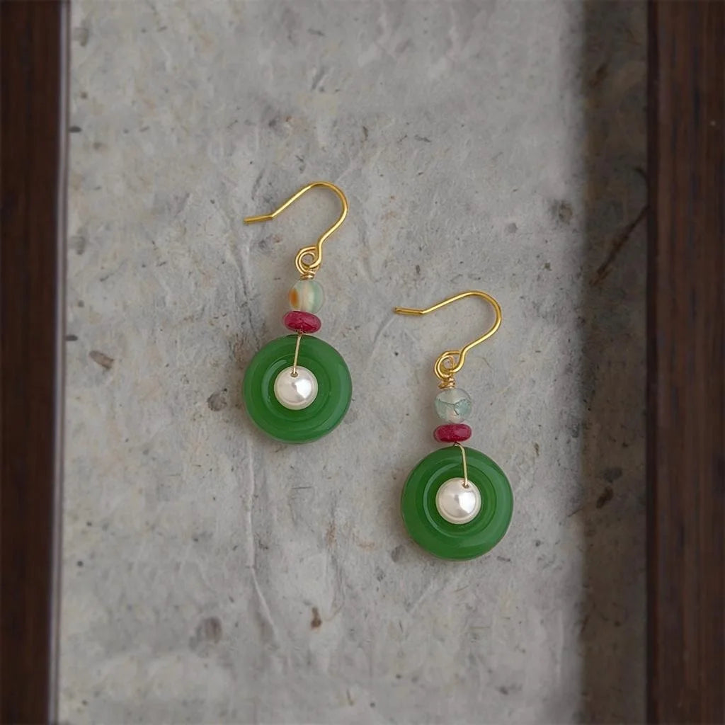 Handmade New Chinese Court Style Geometric Peace Buckle Glass Pearl Agate Drop Earrings