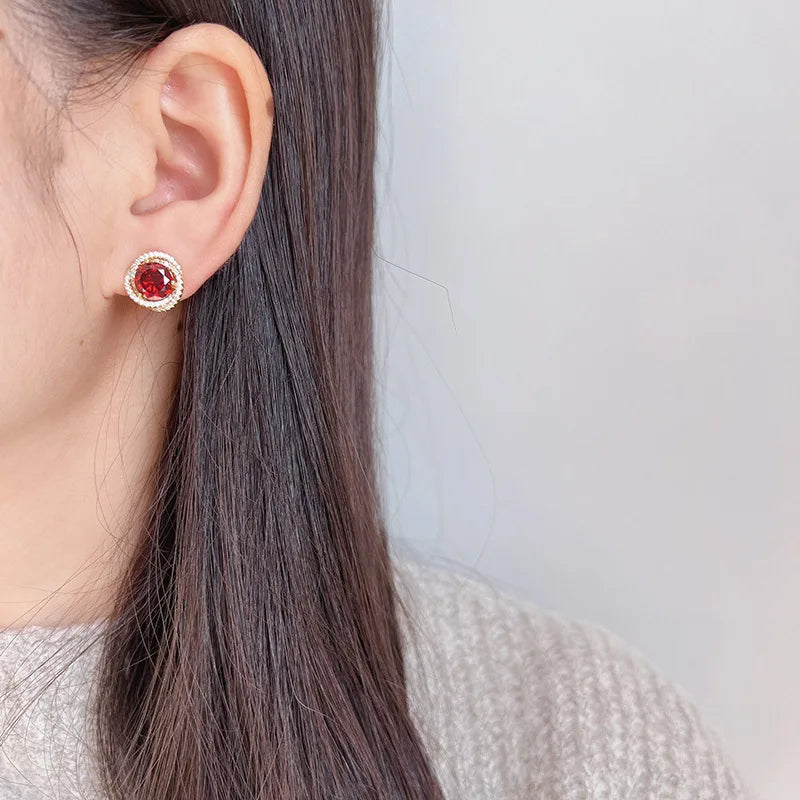 Elegant Round Deep Red Zircon Halo Stud & Clip On No Piercing Gold Alloy Luxury Party Earrings