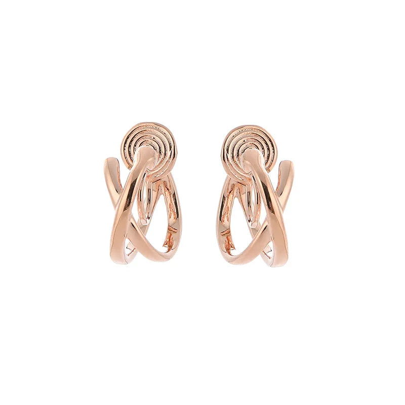 Elegant Rose Gold Alloy Spiral Disc Cross Hoop Stud & Clip On No Piercing Women's Fashion Earrings