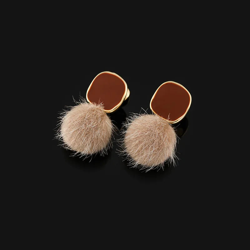 Elegant Brown Enamel Geometric Fuzzy Pom Pom Alloy Stud & Clip On No Piercing Drop Earrings