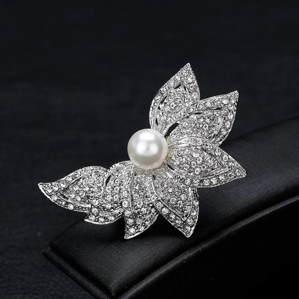 Elegant Silver Plated Alloy Pearl Flower Brooch With Rhinestones, Women's Lapel Pin Corsage Suit Accessory