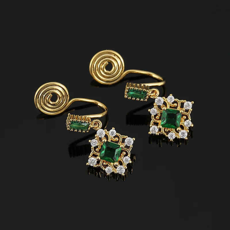 Luxury Green Zircon Spiral Disc Rhombus Drop Stud & Clip On No Piercing Rhinestone Earrings