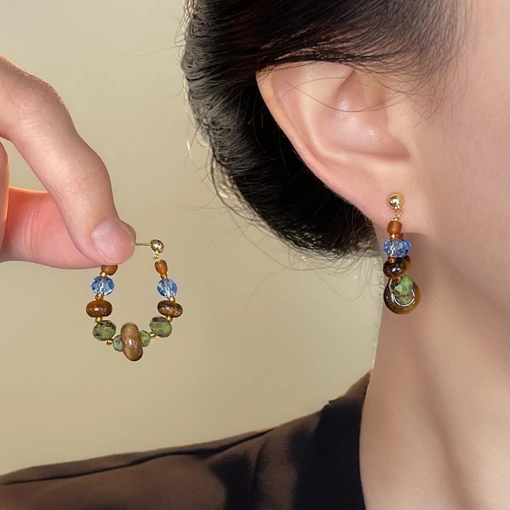 Handmade Vintage Ethnic Tiger Eye Stone Glass Crystal Beaded Geometric Drop Earrings