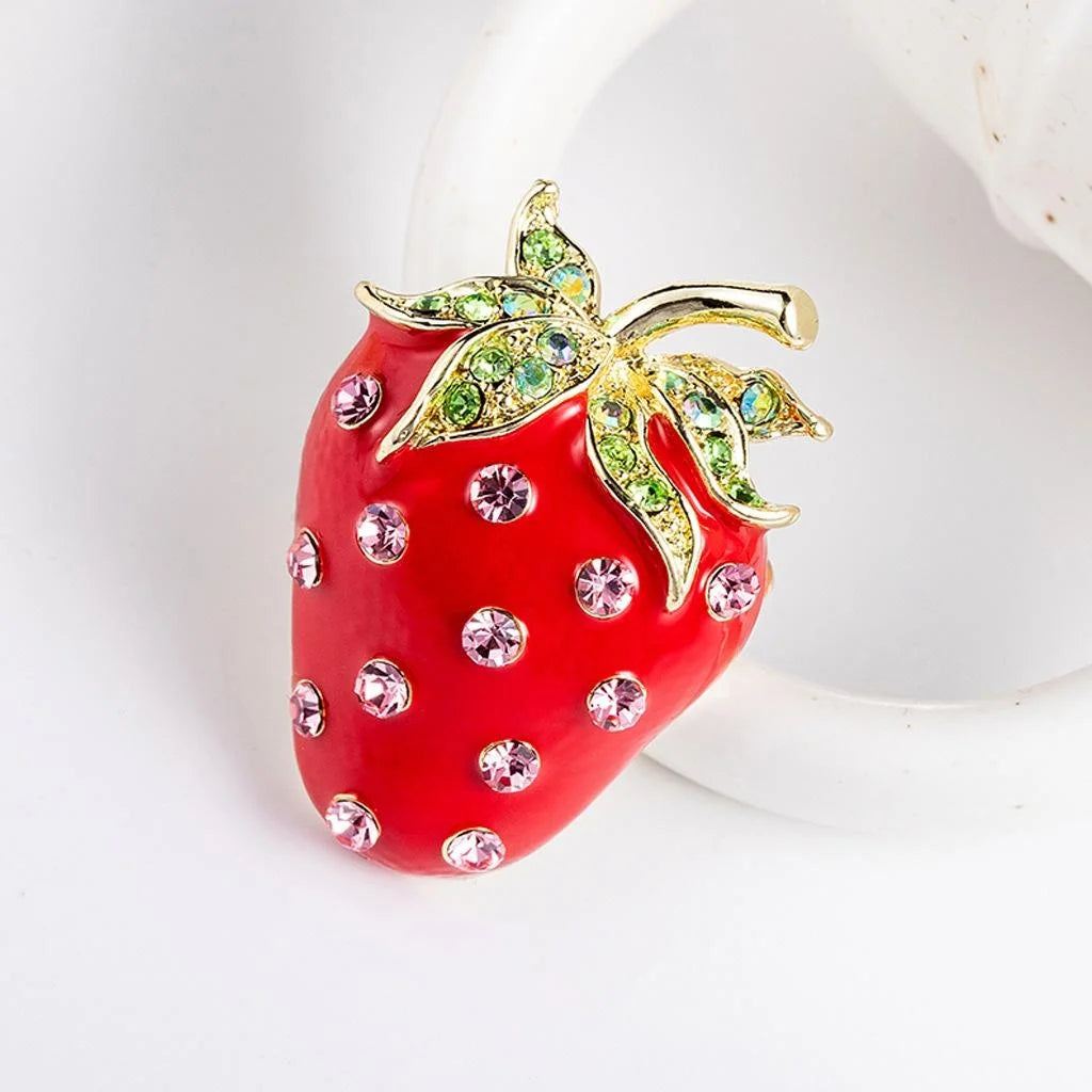 Cute Strawberry Enamel Rhinestone Alloy Brooch, Luxury Fruit Lapel Pin Corsage For Suits And Gifts