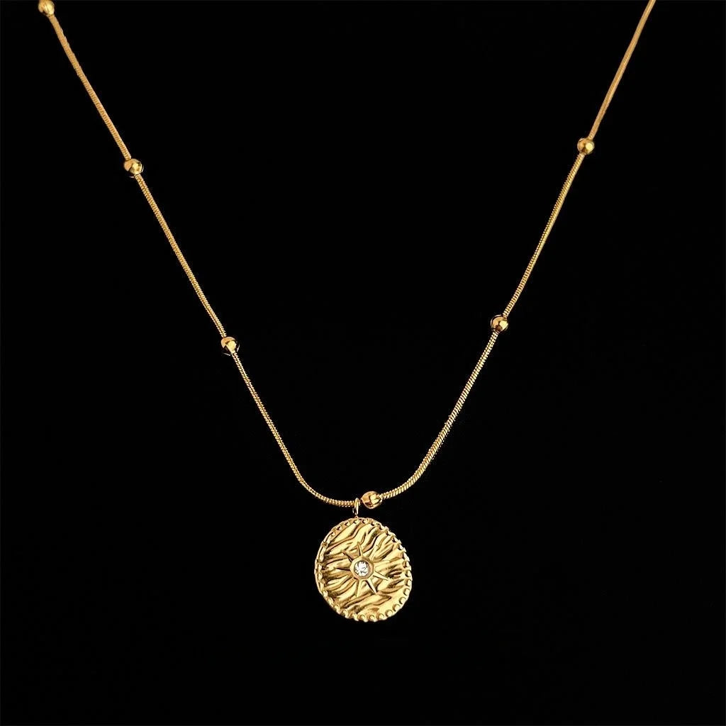 Vintage French 18K Gold Plated Stainless Steel Star Geometric Round Layering Clavicle Necklace