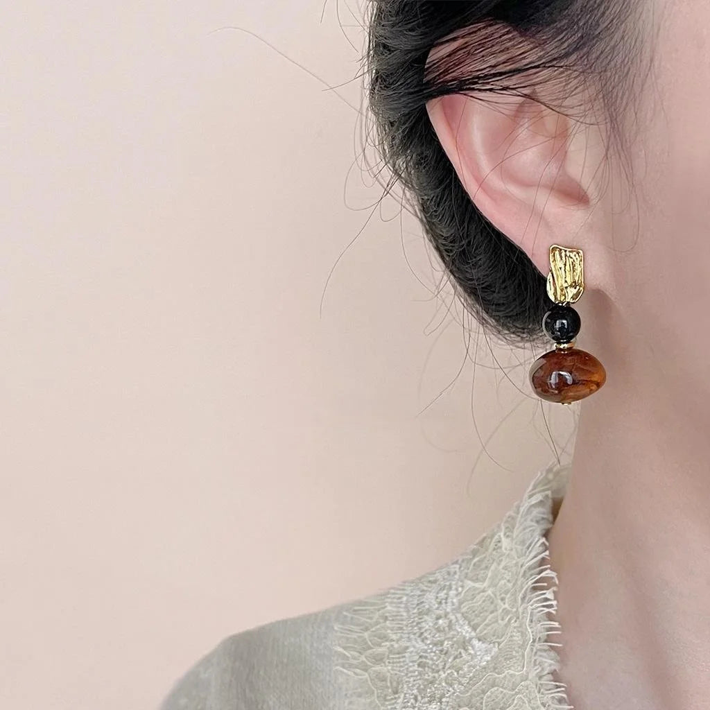 Vintage Maillard Style Obsidian Resin Irregular Geometric Handmade Drop Earrings