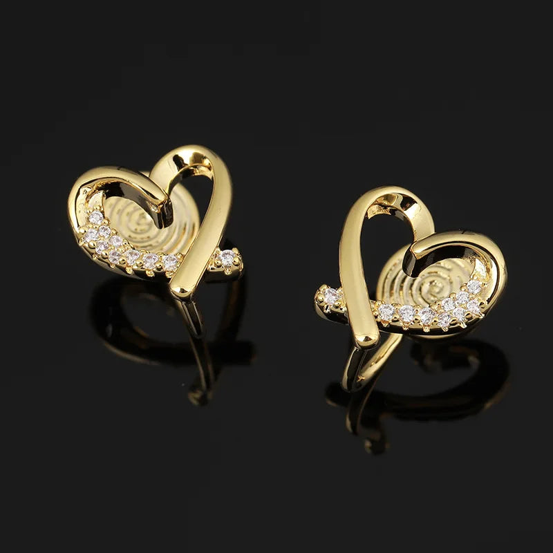 Elegant Gold Alloy Heart Swirl Zircon Minimalist Stud & Clip On No Piercing Commuter Earrings