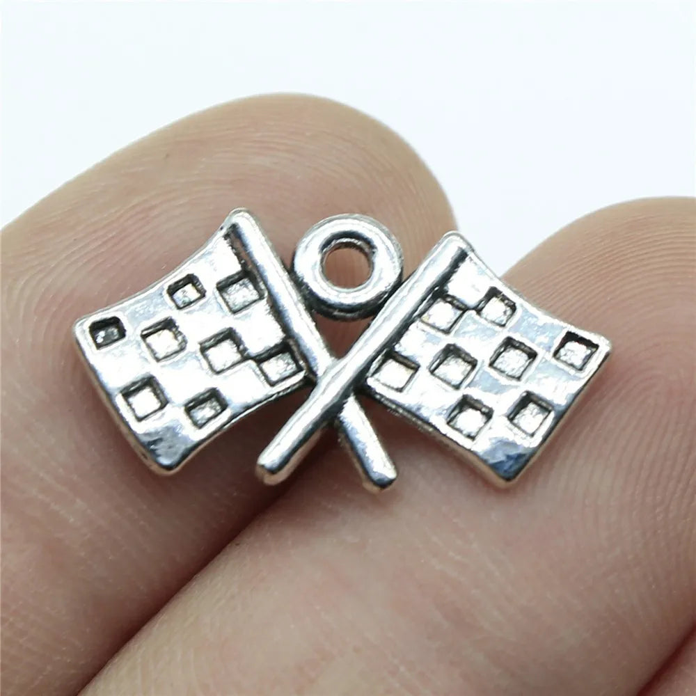 22x12mm 1.6g Antique Silver Zinc Alloy Racing Flag Charm Pendant for DIY Sports Jewelry Making