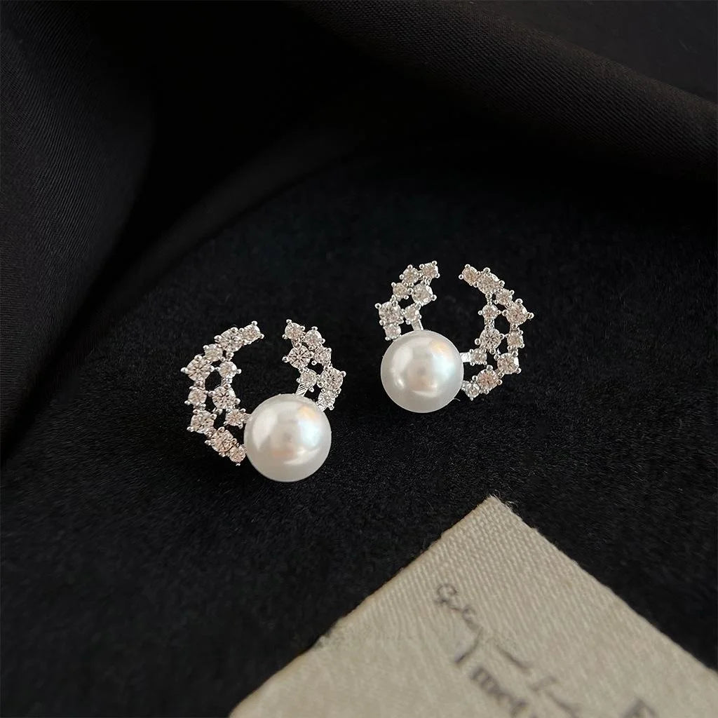 Geometric Moon Star Zircon Pearl Drop Earrings Silver Plated Needle Style Designer Jewelry