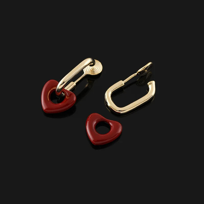 Elegant Red Enamel Heart Charm Gold Alloy Hoop Stud & Clip On No Piercing Fashion Earrings