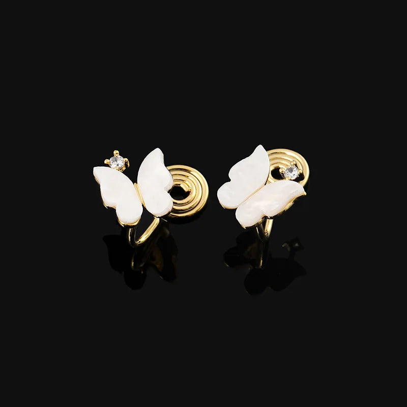 Elegant White Butterfly Zircon Gold Alloy Spiral Stud & Clip On No Piercing Fairy Forest Earrings