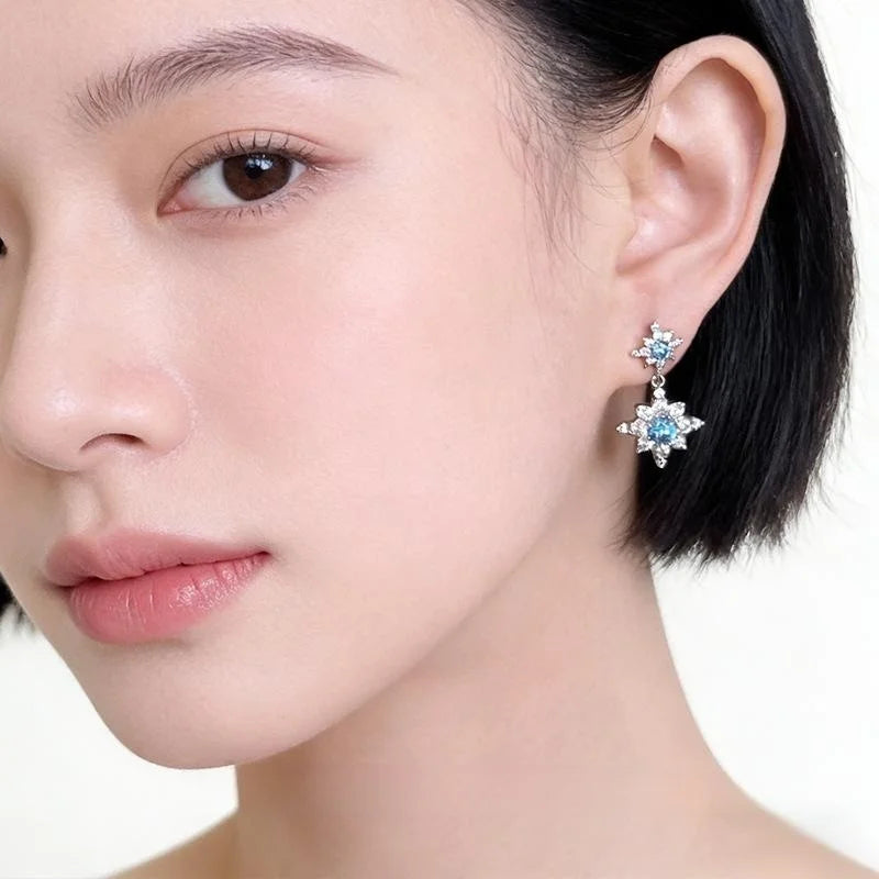 Aquamarine Blue Copper Micro Pave Zircon Eight Point Star Drop Earrings