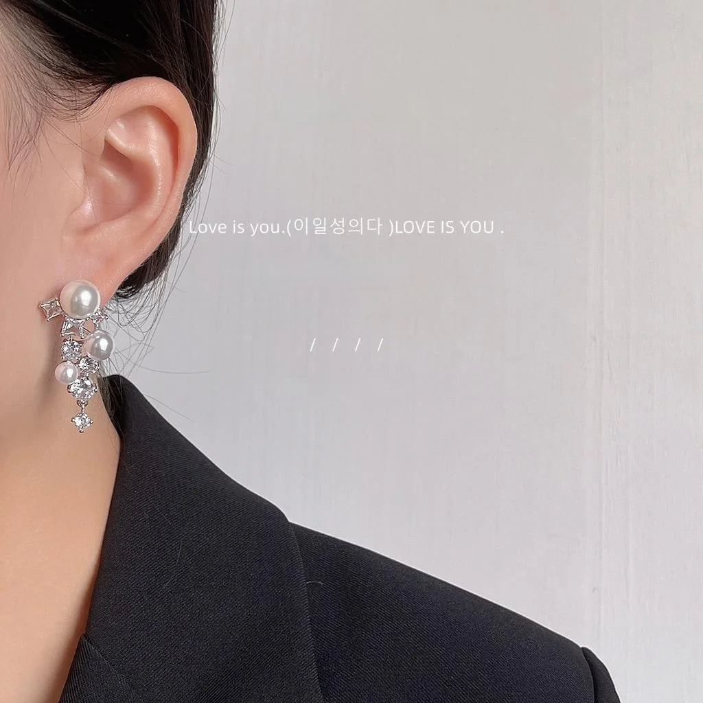 Luxury Copper Star Constellation Pearl Tassel Zircon Stud Earrings