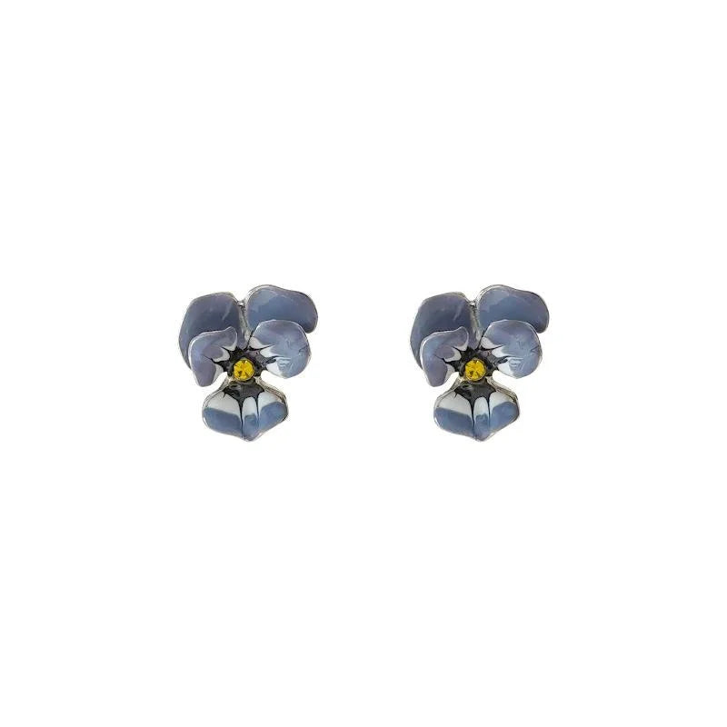 Copper Enamel Glazed Flower Stud Earrings With Silver Plated Pins Korean Japanese Vintage Style