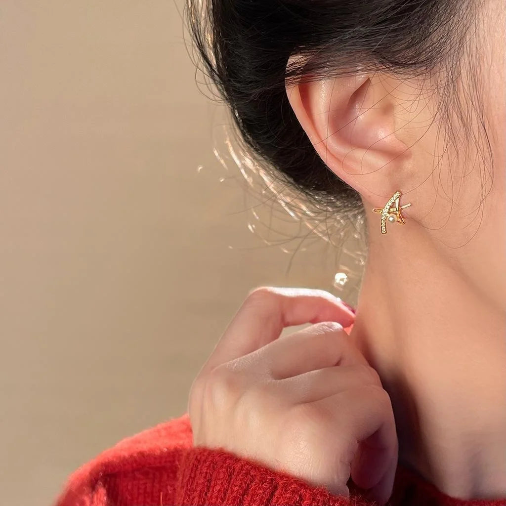 Minimalist Hollow Star Pearl Stud Earrings With Micro Pave Zircon, Geometric Everyday Jewelry