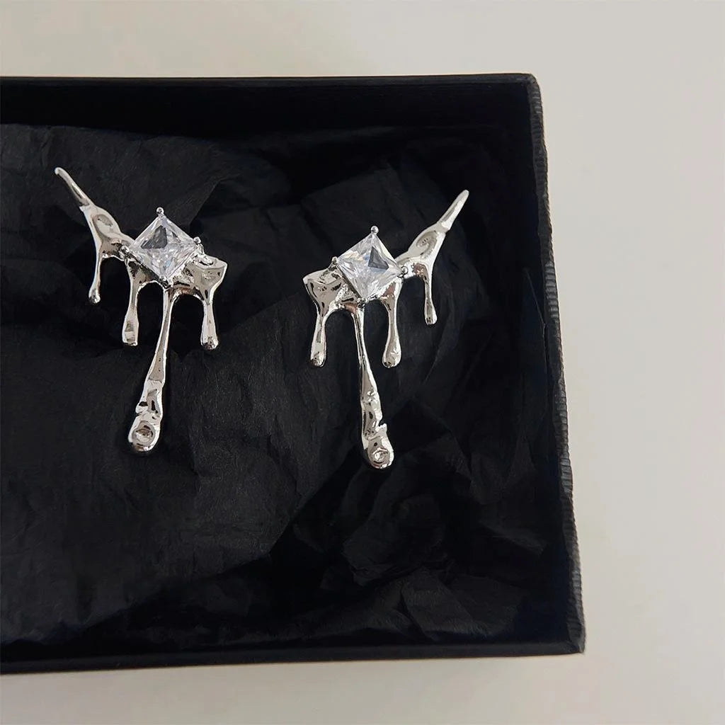 Sweet Cool Irregular Liquid Waterdrop Zircon Copper Stud Earrings With Silver Plated Posts