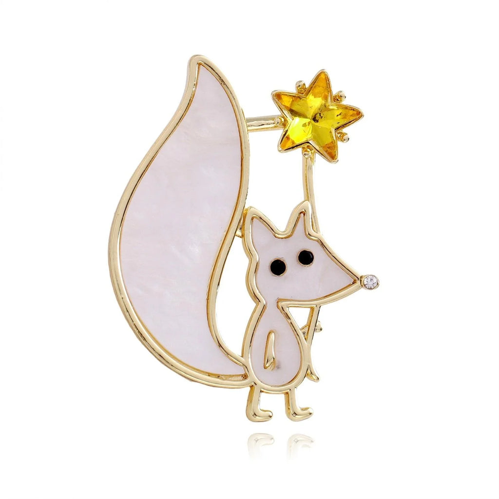 Cute Mother Of Pearl Fox With Yellow Rhinestone Star Brooch, Gold Alloy Lapel Pin Scarf Clip Gift