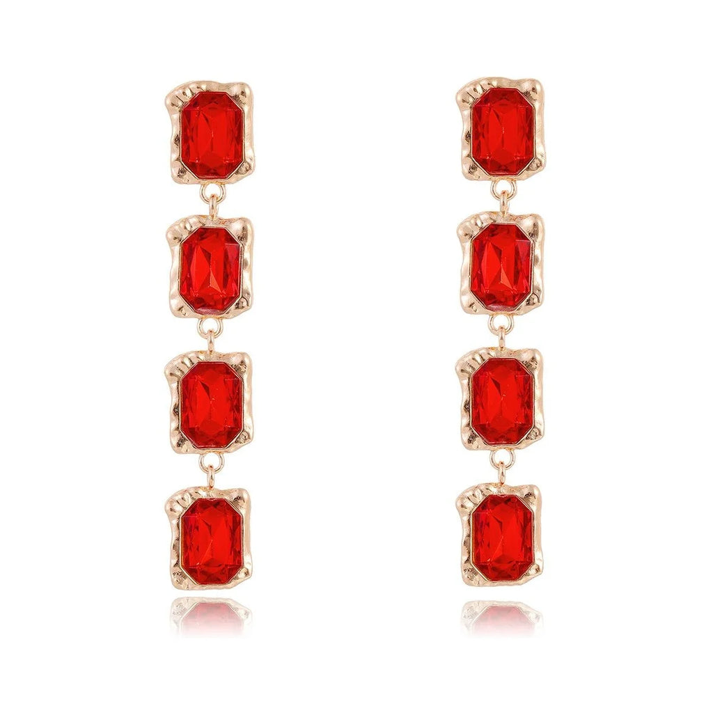 Elegant Four-Tier Rectangular Crystal Drop Earrings, Gold Alloy Rhinestone Dangle Jewelry For Wedding Party Gift