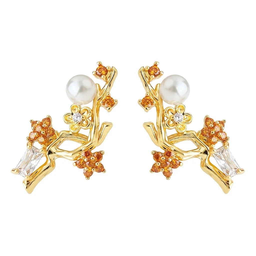 New Chinese Plum Blossom Leaf Stud Earrings Copper Pearl Zircon Micro Pave Jewelry
