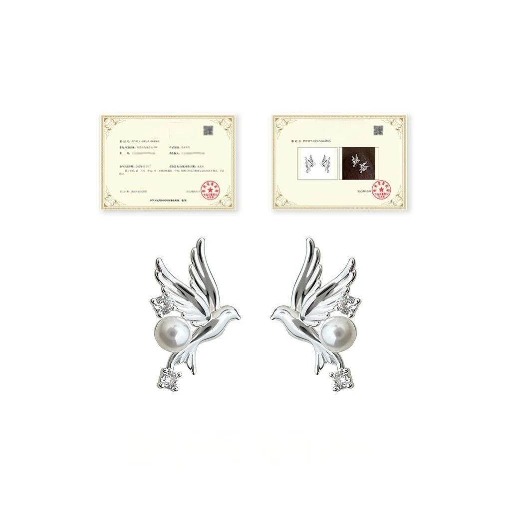 Original Bird Zircon Eco Copper Stud Earrings New Chinese Style Silver Plated Pin Jewelry