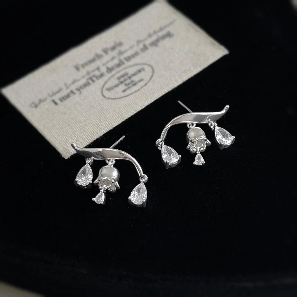 Light Luxury Copper Lily Of The Valley Flower Micro Pave Zircon Tassel Drop Earrings