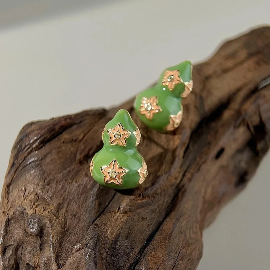 Light Luxury Copper Enamel Drip Glaze Gourd Flower Stud Earrings With Silver Plated Pins