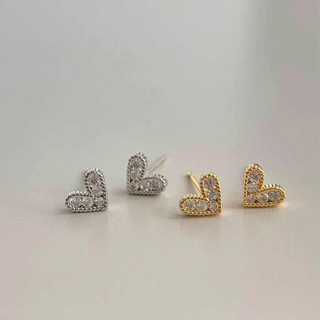 18K Gold Plated Copper Heart Stud Earrings Micro Pave Zircon Minimalist Jewelry