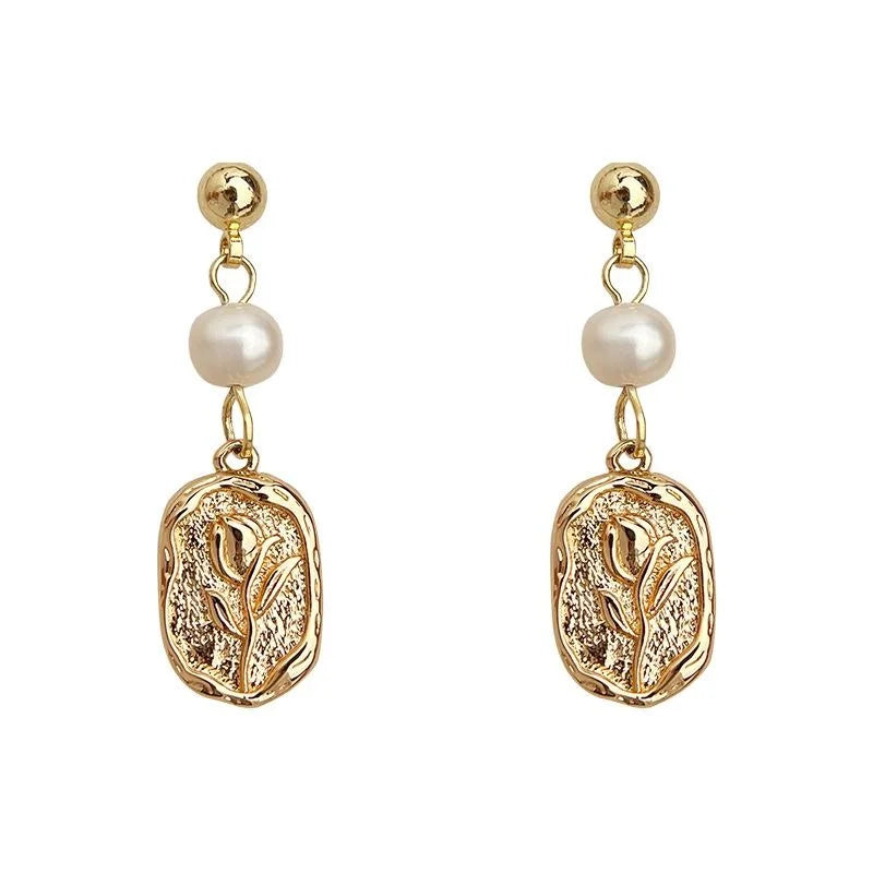 Natural Freshwater Pearl Tulip Flower Drop Earrings Vintage Rose Floral Jewelry