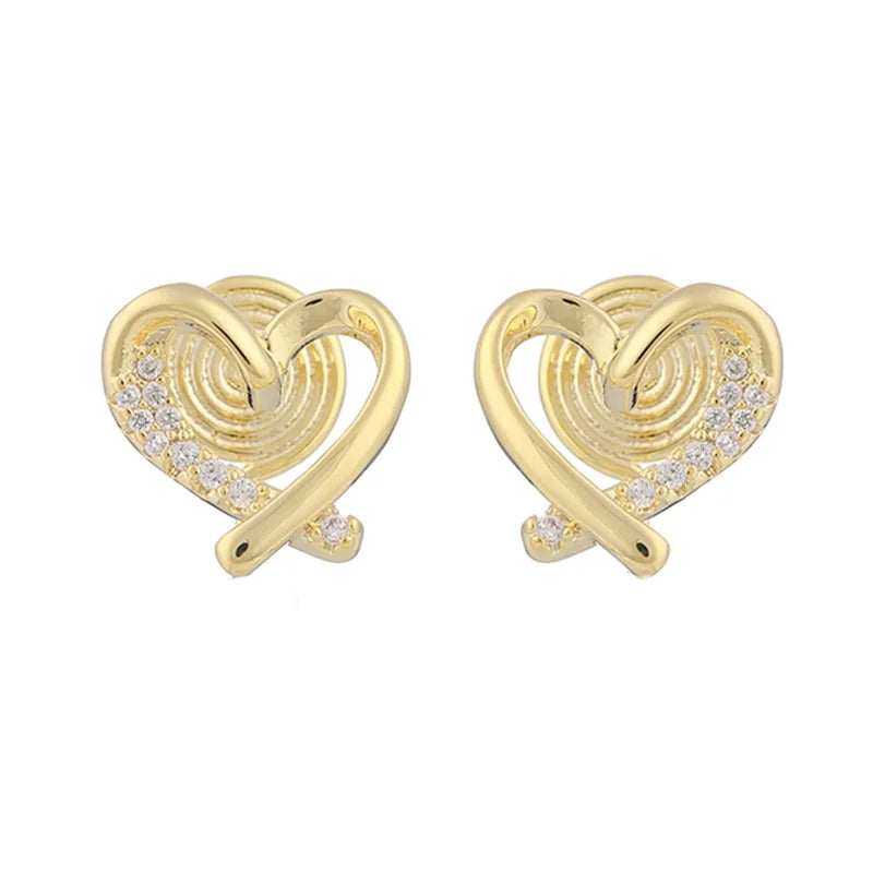 Elegant Gold Alloy Heart Swirl Zircon Minimalist Stud & Clip On No Piercing Commuter Earrings