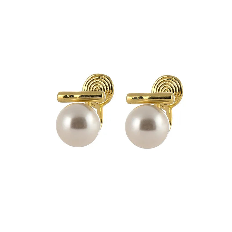 Elegant Faux Pearl Gold Alloy Bar Stud & Clip On No Piercing French Minimalist Commuter Earrings