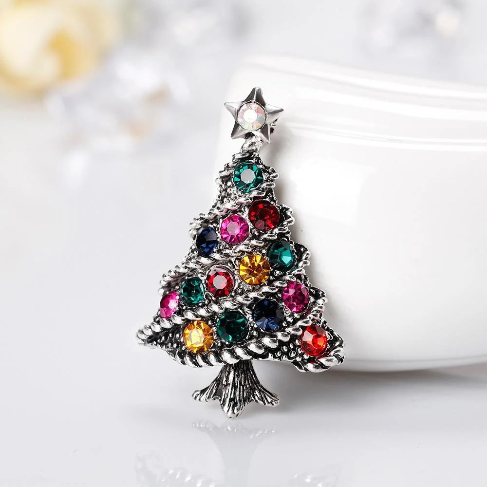 Elegant Christmas Tree Brooch With Colorful Rhinestones, Gold Alloy Holiday Lapel Pin Corsage Gift