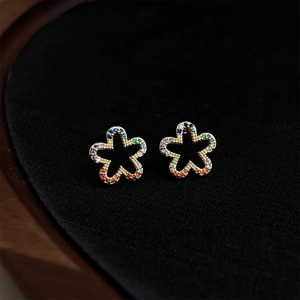 14K Gold Plated Colorful Micro Pave Zircon Hollow Flower Stud Earrings For Women