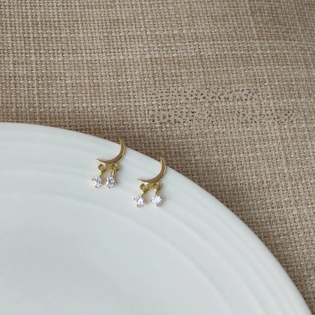 14K Plated Copper Micro Pave Zircon Mini Moon Stud Earrings For Women Simple Geometric Jewelry