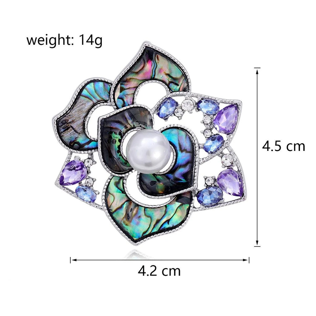 Elegant Camellia Flower Brooch With Mother Of Pearl Petals, Rhinestone Accents And Pearl Lapel Pin Gift