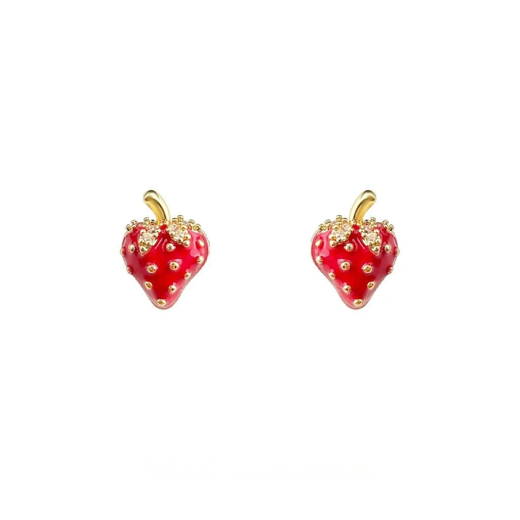 Sweet Pastoral Strawberry Stud Earrings Copper Enamel Zircon Fruit Jewelry